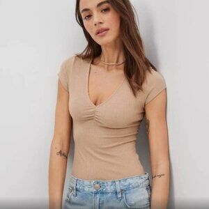 AE V-Neck Short-Sleeve Bodysuit in color Sand